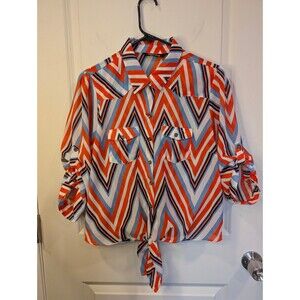 Women's Millennium Sheer Roll Tab Sleeve Zig Zag Pattern Top Orange Blue Large